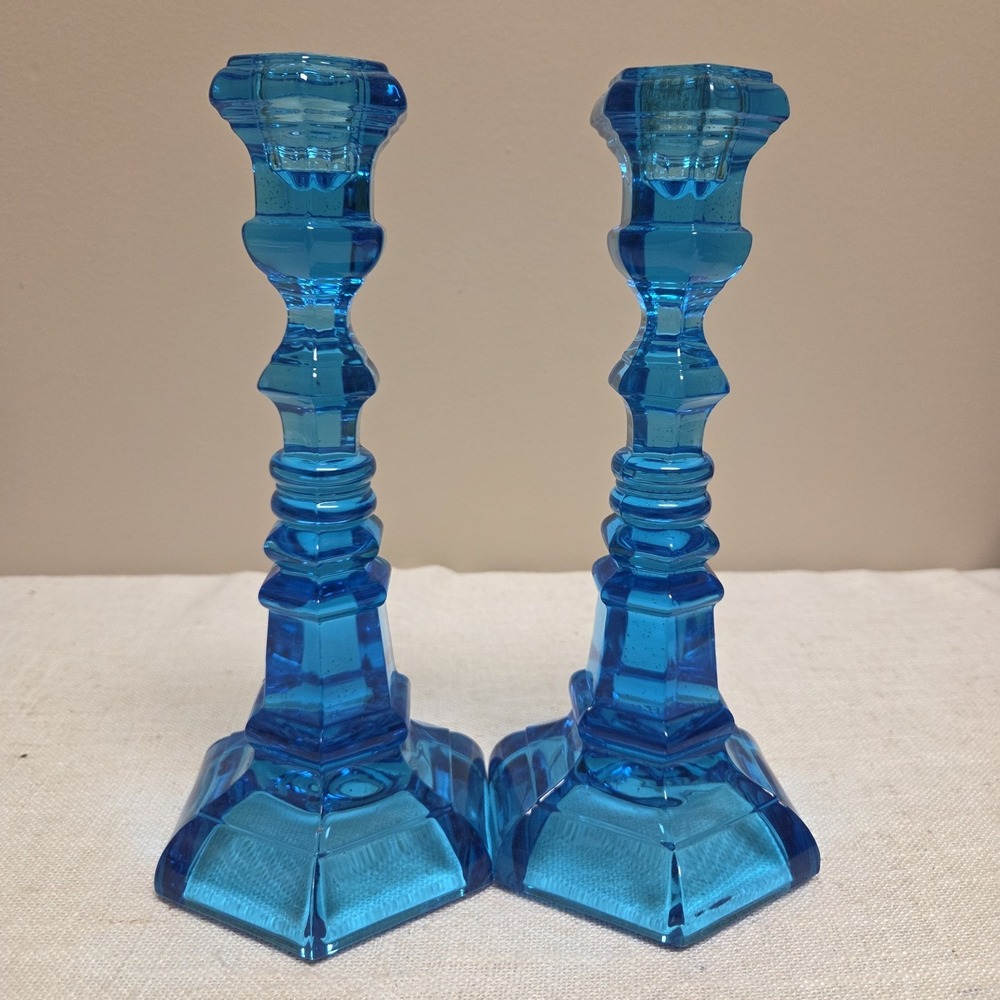 Vintage Fostoria Glass Henry‎ Ford Museum Argus Blue Glass Candlestick Pair